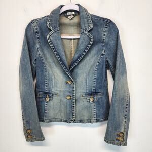 Vintage Y2K Old Navy Jean Denim Jacket Size S Distressed Stone Wash Peplum 2000s